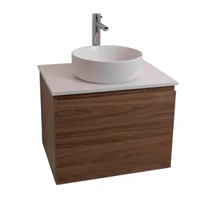 Venice 23.5 Walnut Wood Texture Cabinet, Ares White Top And Ares White Ceramic Basin, Wall Mounted Modern Vanity Set Sink Bathroom