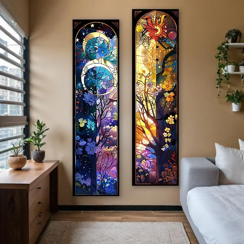 Sun & Moon Pattern Decorative Tapestry, 1 Count/2 Counts/set Tree Of Life Star Sky Nature Long Narrow Tapestry, Wall Hanging Decor for Home Living Room Bedroom Tapestry Wall Mural, Wall Tapestries, Decoration Items