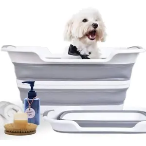 Dog Bath Tub with Water Drain Plug, Collapsible Bathtub for Dog Washing and Grooming, Portable Foldable Space Saving Design for Pet Puppy Small Dogs Cats, BPA Free, Gray