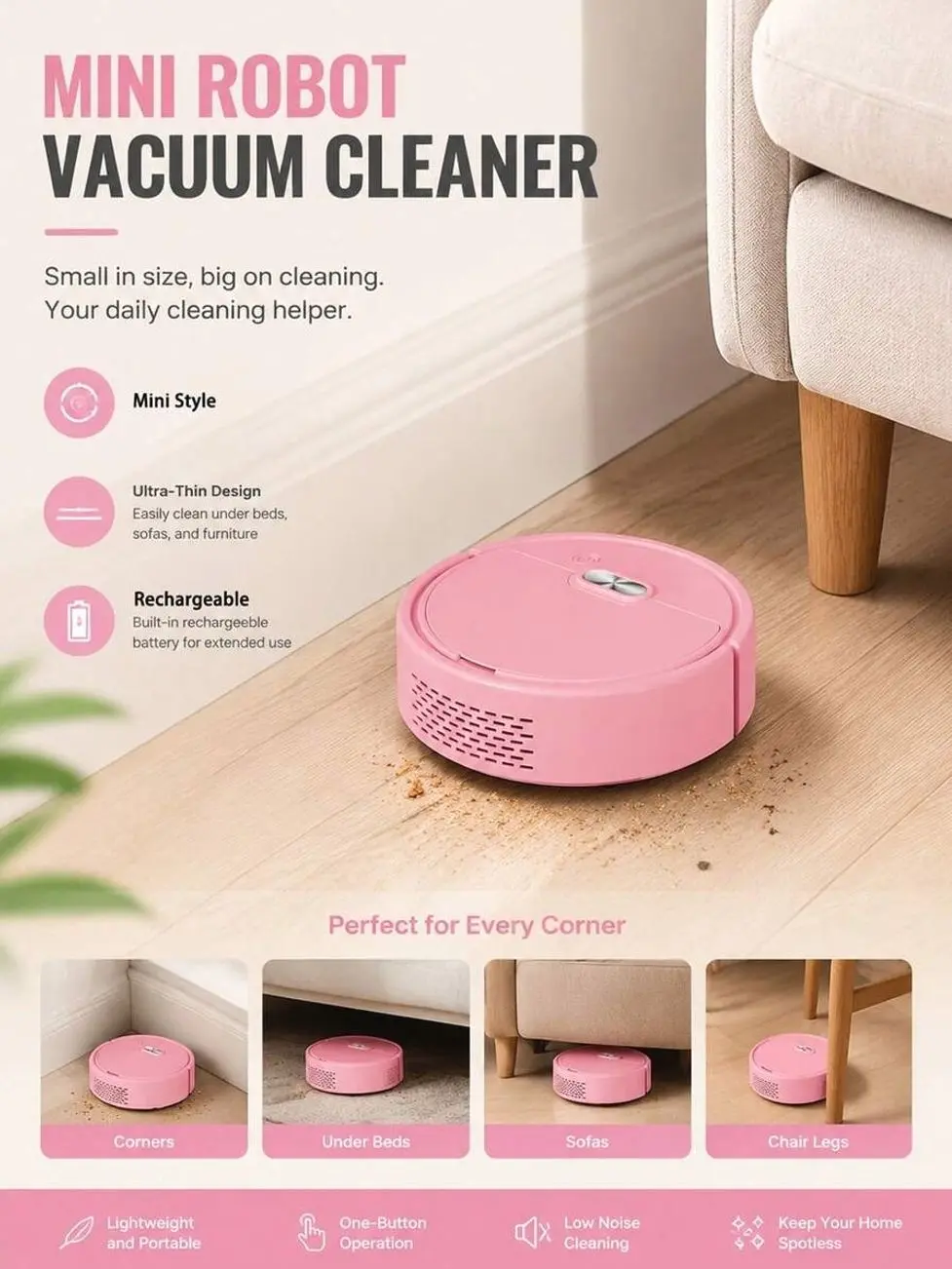 Mini Smart Robot Vacuum, Rechargeable Automatic Sweeper for Pet Hair, Hardwood Floors, and Household Dust Cleaning