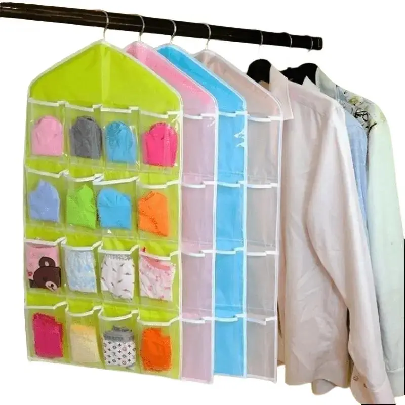 Durable 16-Pocket Hanging Organizer with Thickened Cloth, Transparent Fabric Bag for Closet & Wall, Large Capacity Rental House Storage for Underwear, Socks & Bra