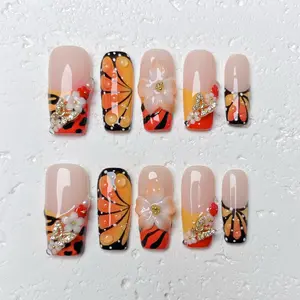 [Monarch Charm] Long Square Handmade Press on Nails, Fake Nails with Nail tool kit with Jelly Stickers, Reusable, Durable