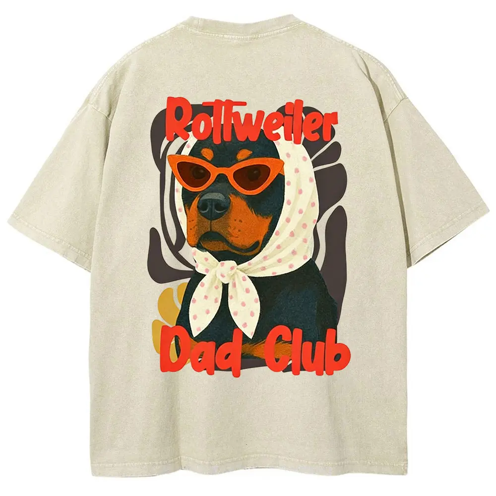 Rottweiler Dad Club T-shirt, Men's Casual Cotton Comfort Shirt, Vintage CrewNeck Acid Washed Oversized Drop Shoulder Heavyweight T-shirt, Baggy Workout Tops Short Sleeve Shirt