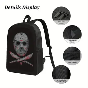 Friday the 13th Jason Voorhees Horror Movie Backpack - Lightweight Laptop Bag with Mask Design, Durable Oxford Cloth Backpack for Travel, Hiking, Camping - Adjustable Shoulder Straps, Zipper Closure - Horror Fan Gift for Men & Women, Hiking Gear, Themed