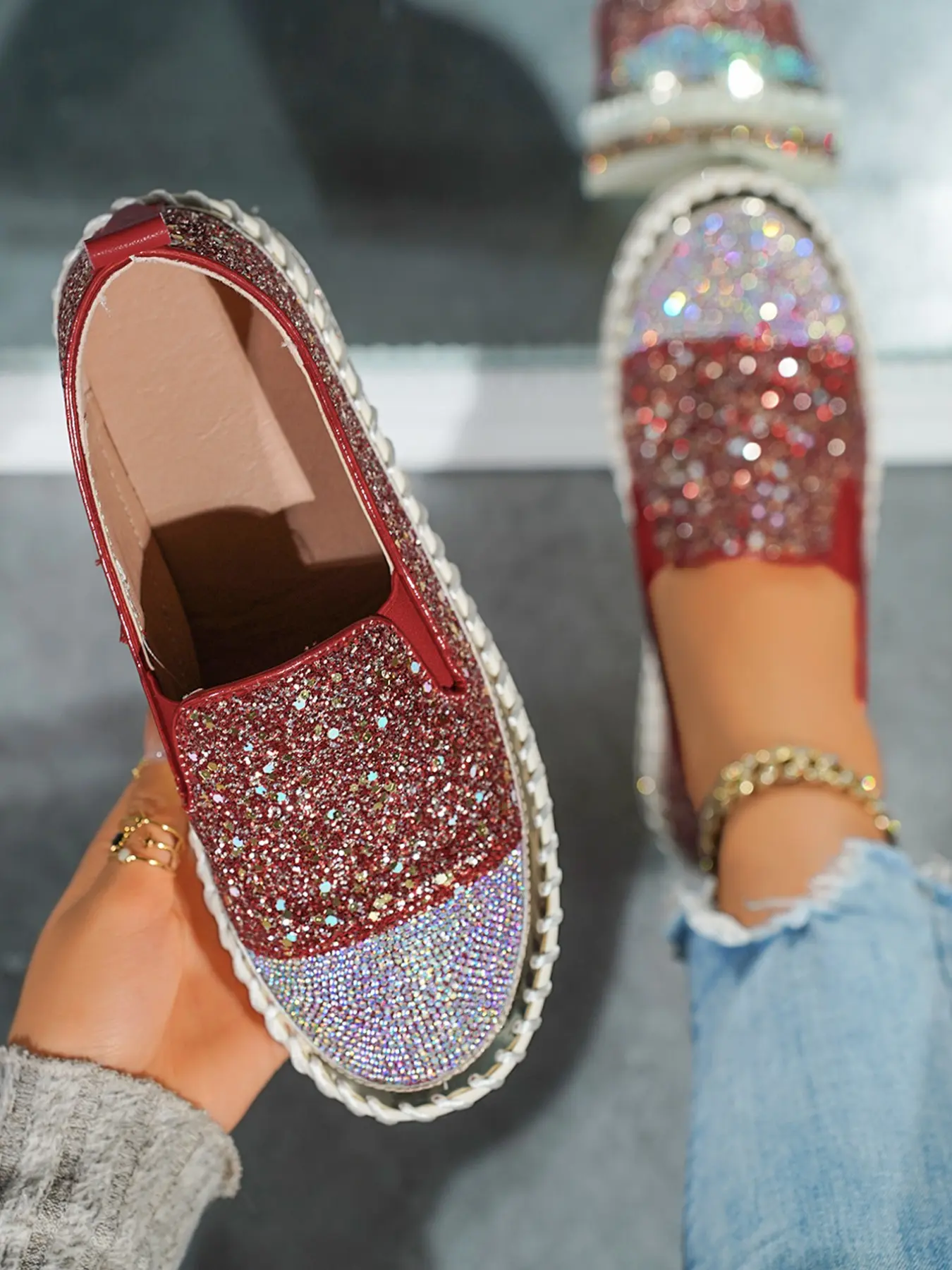 Women's Rhinestone Sparkle Sneakers, Wedding Bride Shoes, Anti-Slip Tpr Outer Sole Design, Elegant Sporty Casual Footwear, Slip On Platform