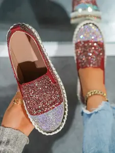 Women's Rhinestone Sparkle Sneakers, Wedding Bride Shoes, Anti-Slip Tpr Outer Sole Design, Elegant Sporty Casual Footwear, Slip On Platform