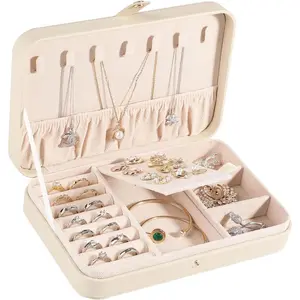 Small Jewelry Box for Women Girls, PU Leather Travel Jewelry Case, Portable Jewelry Organizer Storage Holder Display for Ring Earrings Necklace Bracelet Bangle Men Kids Gift, Apricot