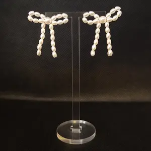 #370 White Faux Pearl Beaded Bow Stud Earrings, Casual, Cute