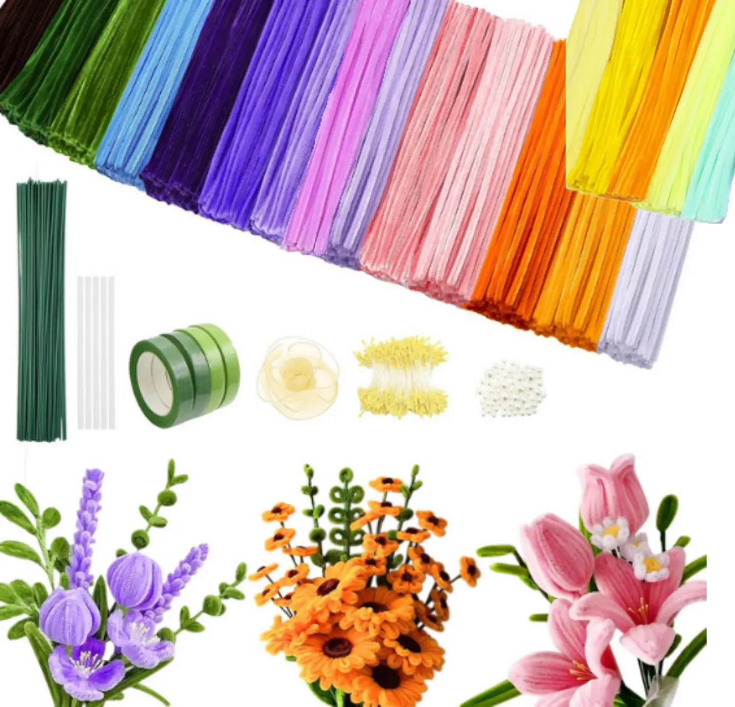 1Set Pipe Cleaners Craft, Pipe Cleaners Flowers Kit with Handle, Colorful Chenille Stems with Instruction, Art and Craft Supplies