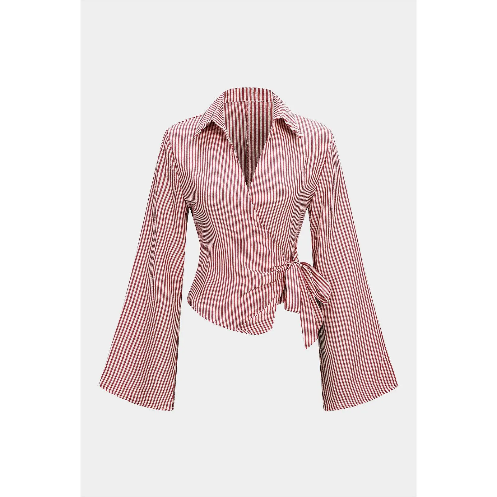 Women's Striped Print V-Neck Tie-Up Long-Sleeve Fitted Textured Polyester Blouse - Business Casual Shirt for Work, Stylish Daily Wear Top, Tie-Up Front Blouses & Shirts