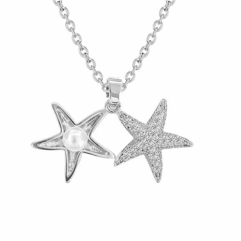 7448-14 Silver Starfish Necklace for Women S 925 Silver Plated Dainty Pearl Pendant Necklace Trendy Summer Beach Jewelry Ocean Lover Birthday Gifts for Women