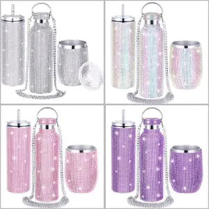 3 Pcs Diamond Water Bottle Rhinestone Water Bottle Glitter Tumbler Thermal with Chain Bling Cups with Lids Rhinestones Stainless Steel Thermal for Women Girl (Classic Style)
