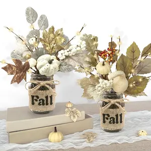 Timer & 2 Style - 2 Pack 13.5 Inch Mason Jar Fall Table Decor, Fall Table Centerpieces with 20 LED Lights, White Maple Leaves Pumpkins & Berries, Cozy Thanksgiving Autumn Table Decor for Dining Kitchen Office Home