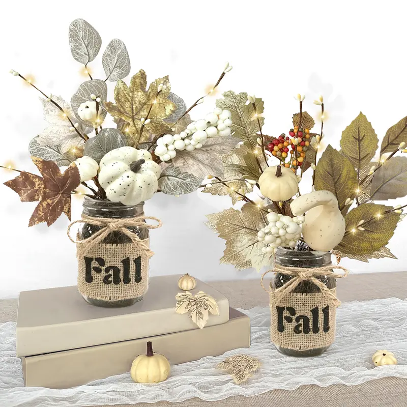 2-Pack 13.5in Glass Mason Jar Fall Table Decor with Timer, 2 Styles, 20 LED Lights, White Maple Leaves, Pumpkins, Berries, Eucalyptus, Switch, Print - Cozy Thanksgiving Centerpieces for Dining Kitchen Home