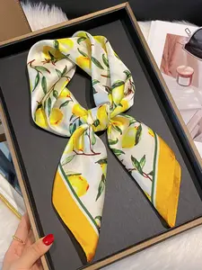 Lemon Print Square Scarf, Fashionable Soft Satin Silky Texture Scarf for Women & Girls, Casual Versatile Scarf for Beach and Daily Use