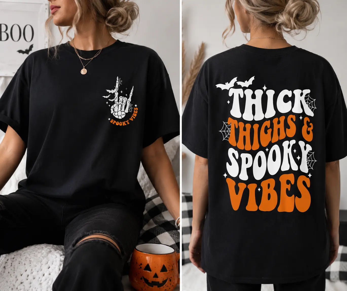 Thighs & Vibes T-Shirt | Retro Orange Typography, Chest Mini Print, Back Statement