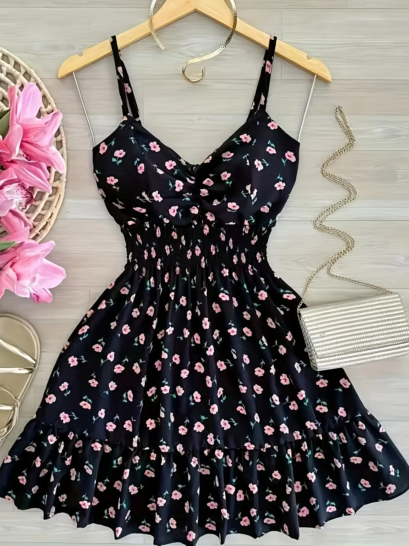 European/American Style Black Floral Spaghetti Strap Dress, V-Neck, High Waist, Cinched Waist, A-Line Mini Dress for Beach Vacations, Hot Girl Style Women’s Beach Mini Dress