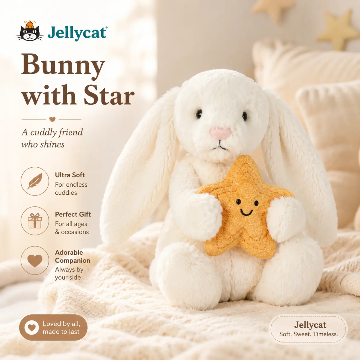 Jellycat Cream Bunny with Star Plush Makes a Soft Cuddly Gift for Baby Shower, Birthday, Milestones and Nursery Decor