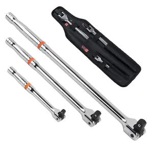 3-Piece Flex-Head Breaker Bar Set, 1/4" 3/8" 1/2" Drive, 6" 10" 15" Long Reach with 180° Rotating Head & Spring Detent Ball, High-Strength Alloy Steel for Automotive Repair & Heavy-Duty Applications