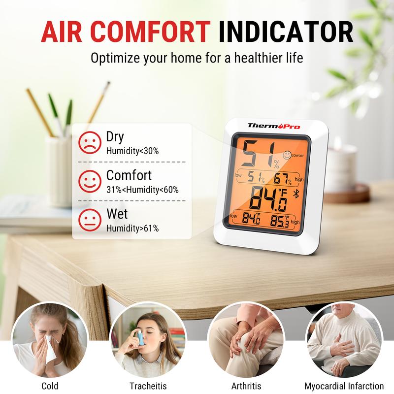 ThermoPro Bluetooth Hygrometer Thermometer TP350 & TP359W, Indoor Room, Home Temperature and Humidity Monitor, High Accuracy Sensor, App Alerts, Data Export, Backlit LCD, Max/Min Records