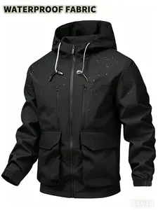 Men's Windproof Workwear Hooded Jacket, Long Sleeve Fitted Casual Street Style, All-Seasons Multi-Pocket Design, Comfortable & Durable