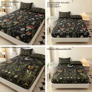 3pcs Polyester Mushroom Forest Print Bedding Set, Soft Comfortable Sheet and Pillowcases, Ideal for Bedroom and Guest Room, Gift for Family and Friends, Decorative Bedsheet Sets