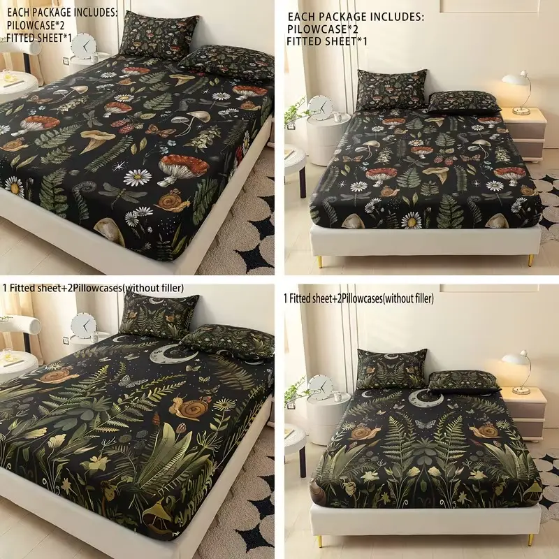 3pcs Polyester Mushroom Forest Print Bedding Set, Soft Comfortable Sheet and Pillowcases, Ideal for Bedroom and Guest Room, Gift for Family and Friends, Decorative Bedsheet Sets, Printed Bedding Set