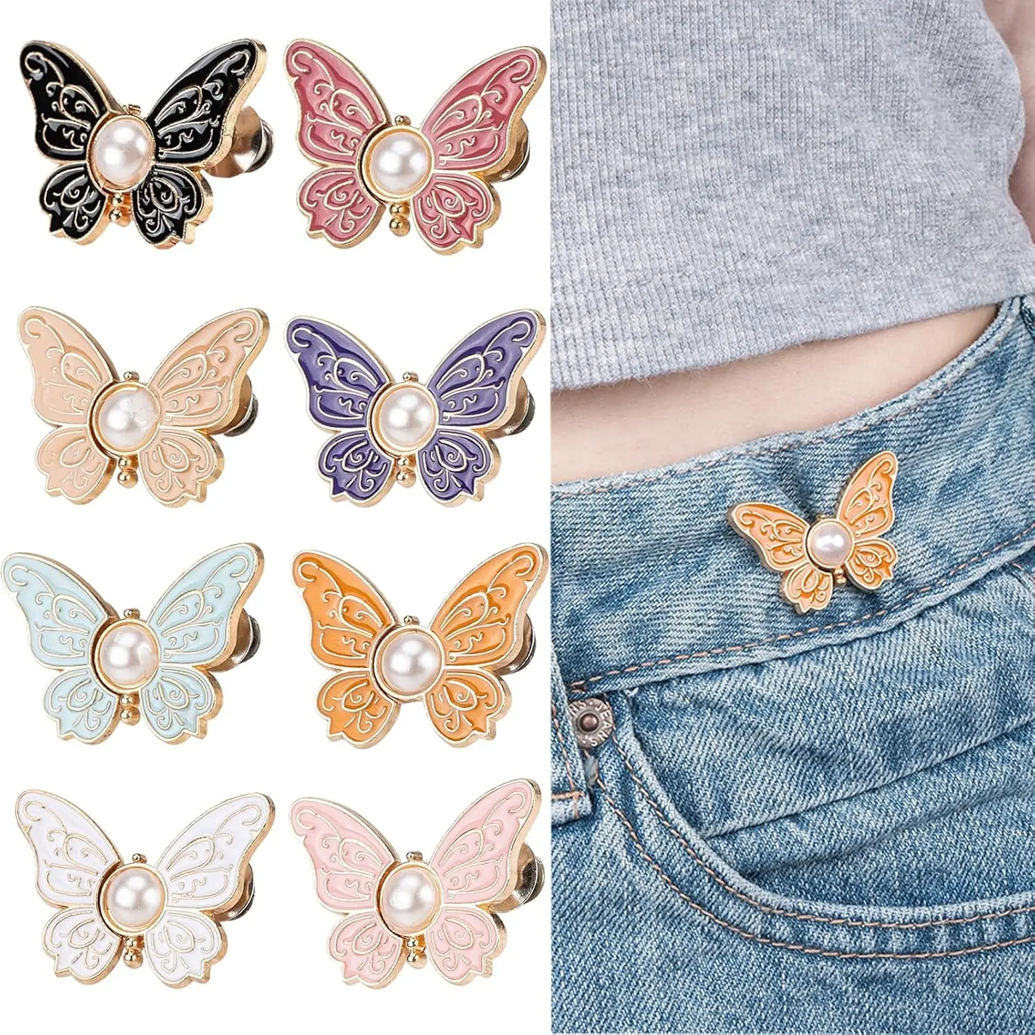 16PCS Pattern butterfly waist buckle detachable buckle elastic buckle for jeans, cuffs, collars and clothing, multifunctional detachable button without sewing waist button jeans waist large to small waist