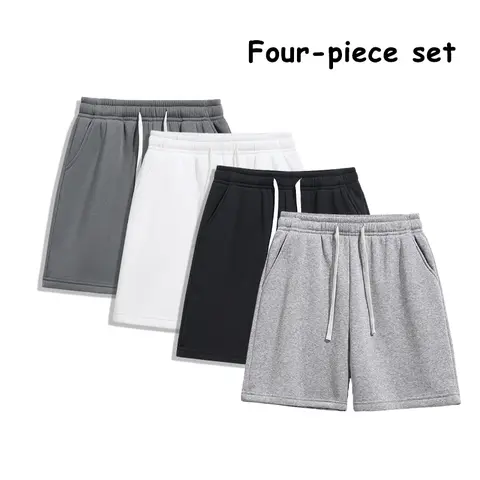 Men's 4-Pack Plain Lightweight Drawstring Essential Shorts - Straight-Leg Athleisure Street Set, Teens’ Go-To Athletic Lounge Bottoms (Indoor/Outdoor Casual Use)