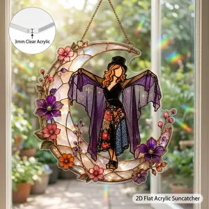 Stevie Nicks Vintage Moon Witch Flat Acrylic Ornament, Fleetwood Mac Inspired Floral Crescent Suncatcher, Music Fan Home Décor Gift, Lightweight, Gift For Fans