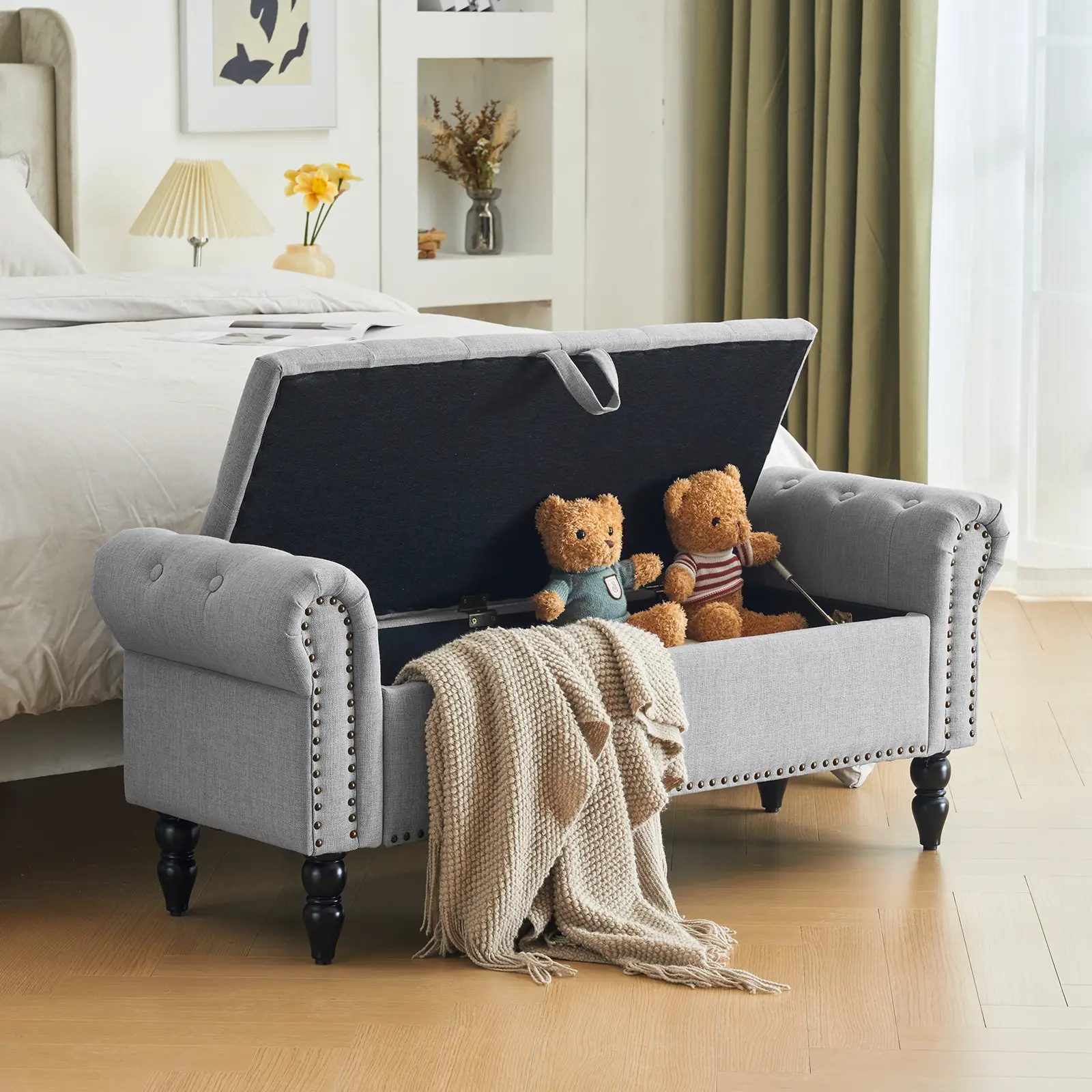 Furnimart Storage Ottoman Bench for Queen, Upholstered Storage Bench End of Bed Bench with Rolled Arms for Bedroom, Living Room, Entryway