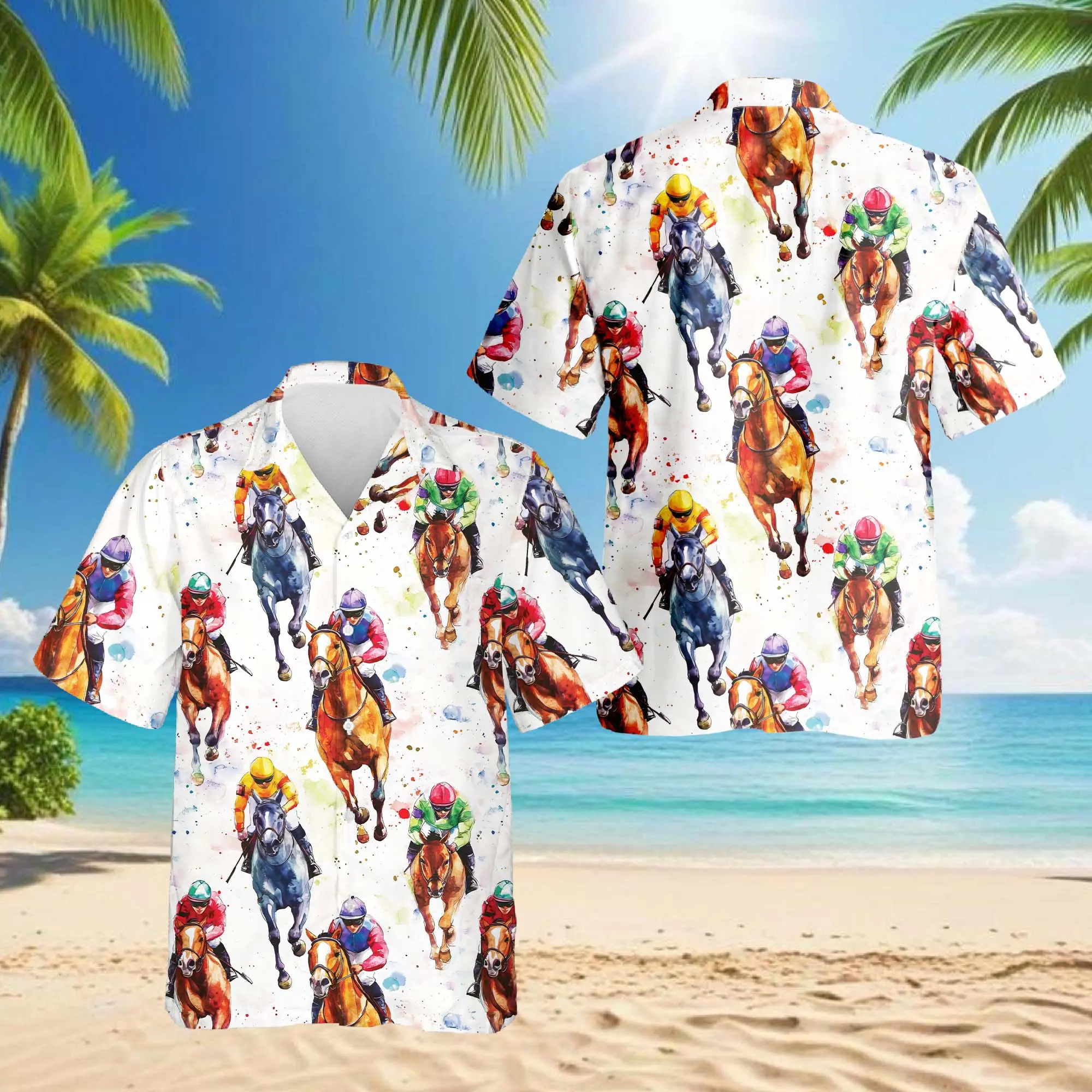 Kentucky Derby Hawaiian Shirt, Horse Racing Floral Aloha Shirt, Derby Party Outfit for Men, Button Down Short Sleeve Pattern Hawaiian Shirt