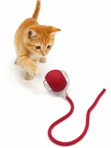 Upgraded Interactive Cat Ball Toy, Smart Automatic Rolling Cat Chase Ball with Braided Tail, Durable Bite-Resistant Indoor Cat Toy for Bored Kitten & Adult Cats, 3 Light Modes USB Rechargeable Red