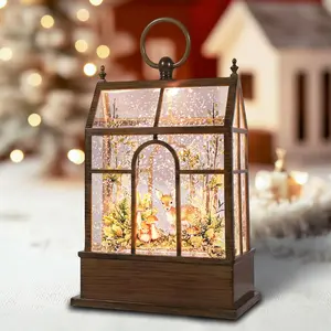 Water Glittering Snow Globe Lantern Greenhouse with Little Lawn 6H Timer 3 AA Battery Operated for Christmas Festival Decorations Gifts