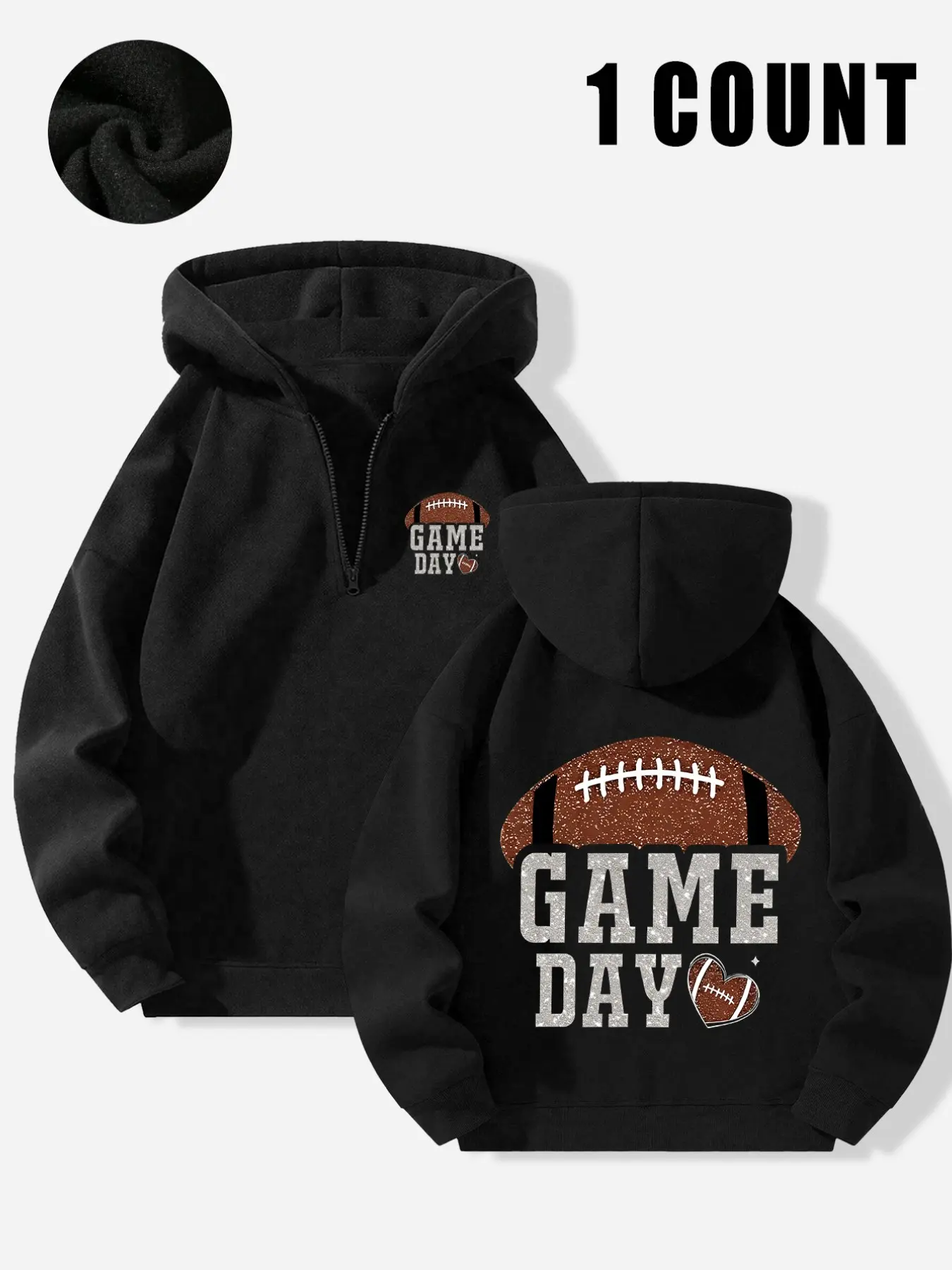 Women's Half-Zip Fleece Long Sleeve Hoodie - Football "GAME DAY" Event Theme Graphic Casual Fit Loose Style Fashion Baggy Hoodie Sweatshirts Womenswear Tops