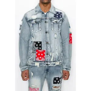 VICTORIOUS Men's Bandana Patch Denim Jacket - Casual Distressed Long Sleeve Coat - Cotton