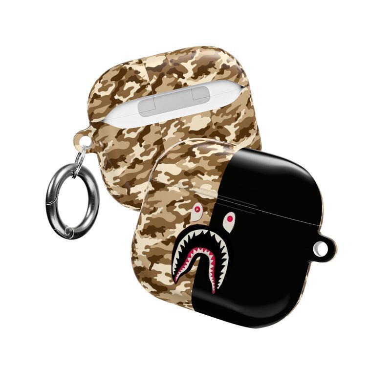 Camo Streetwear AirPods Case Collection | Bold Shark Mouth Icon with Military Camouflage Patterns | Urban Hypebeast Tactical Aesthetic Half-Black Design | Durable Protective Cover | For AirPods 1 2 3 4 & Pro Gen 1 2 3 | Gift