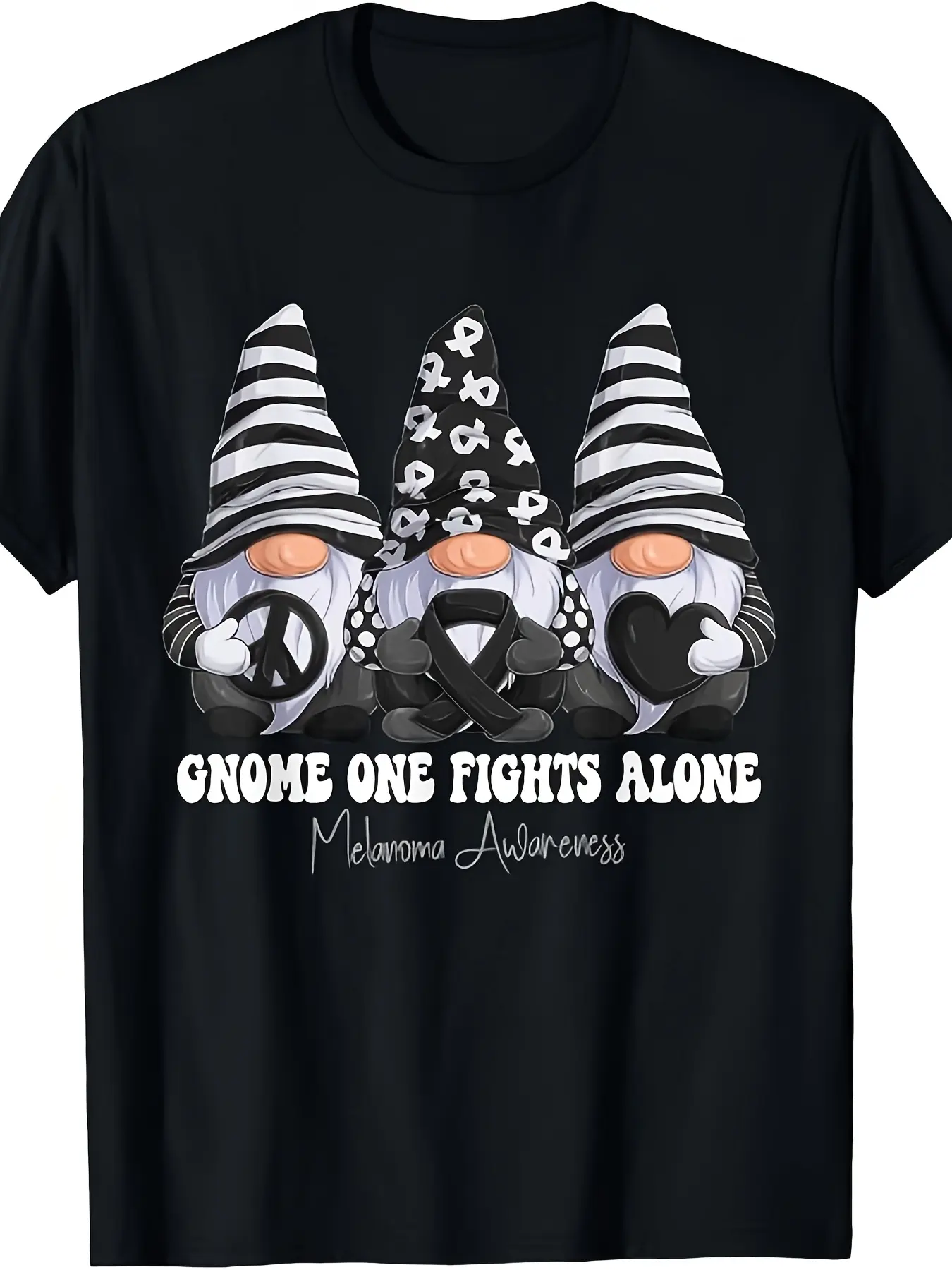 Melanoma Awareness Month Black Ribbon Gnomies Supp unisex soft cotton short sleeve t shirt, vintage graphic casual tee for men women teens, perfect birthday holiday gift for camping travel gym daily street  wear