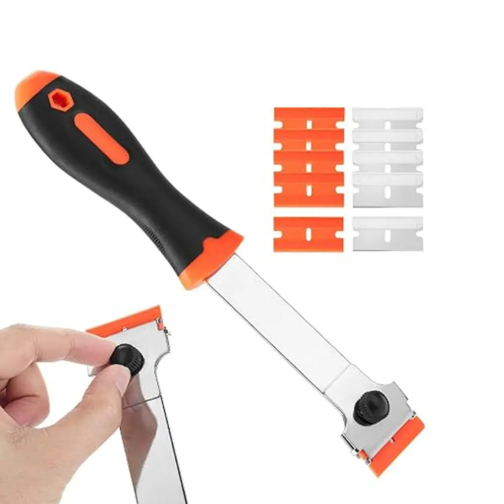 Razor Blade Scraper, Long Handle Scraper Tool with 5 Plastic and 5 Metal Blades - Ideal for Removing Labels, Stickers, Appliance Grease, and More from Windshields, Tint, and Glass (Orange)