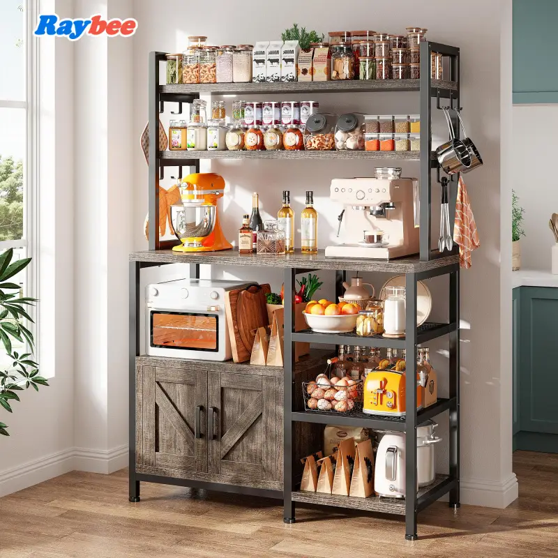 Raybee Bakers Rack,Microwave Stand with Wooden Shelves & Cabinet Storage, Kitchen Coffee Bar, Side Hooks,Utility Shelf for Kitchens,Power Outlets Meta