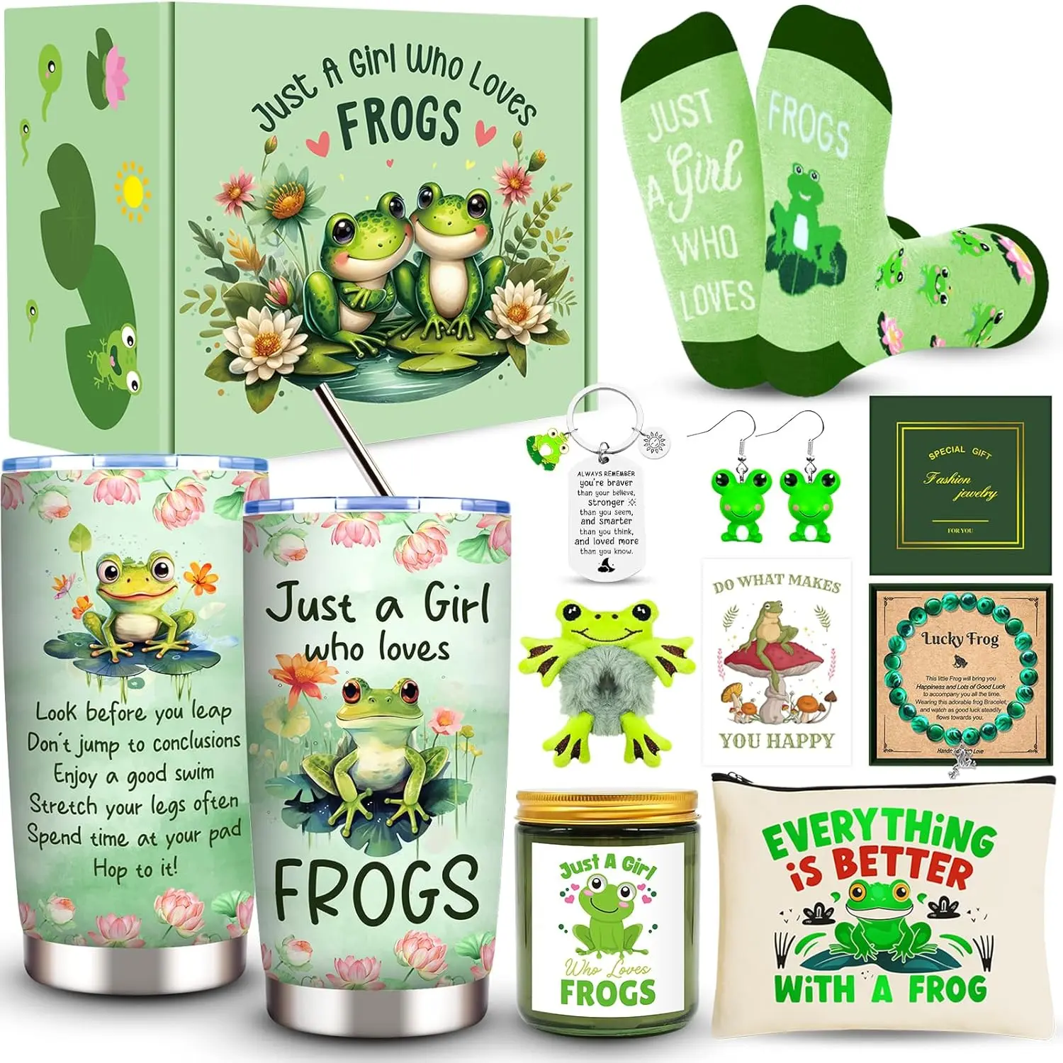 Frog Gifts, Frog Lovers Gifts for Women, Cute Frog Stuff with 20 Oz Green Frog Tumbler Makeup Bag Candle Socks Frog Hair Tie Bracelet Earrings  Card for Birthday Christmas Frog Lover