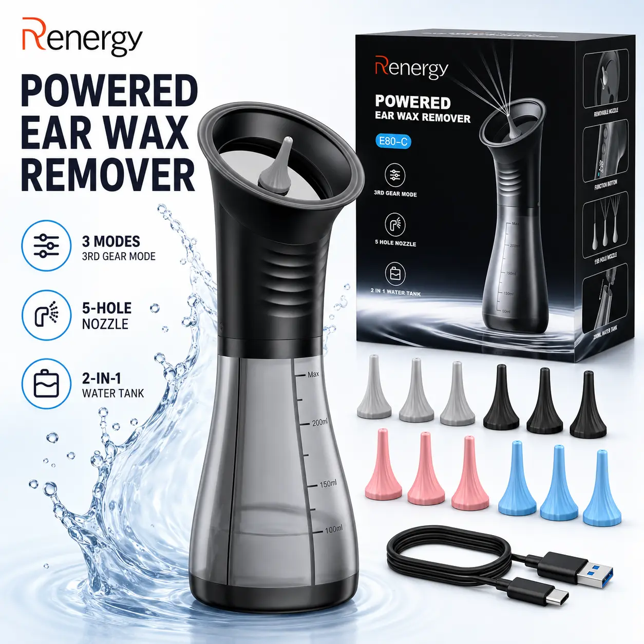 Premium Quality, Insanely Cheap! Renergy Electric Ear Wax Removal Kit with LED Display, Powered Ear Wax Remover, Dual Clean & Waste Tank, Water Ear Cleaner & Ear Cleaning Kit, Ear Irrigation Flushing System, 3 Modes, 12 Nozzles, IP67