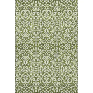 HomeRoots 673153 5x8 ft. Dual-Color Olive Green & Ivory Damask Large-Scale Area Rug, Machine-Washable, No-Slip, Puppy-Proof, UV-Protected Machine-Made Rectangle Rug, Dual-Color Area Rugs, Large-Scale Area Rugs