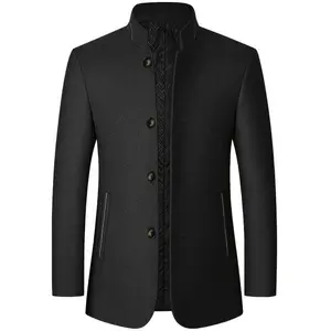 Men's casual wool-blend jacket-stand collar, long sleeve, button-up outerwear for Fall/Winter