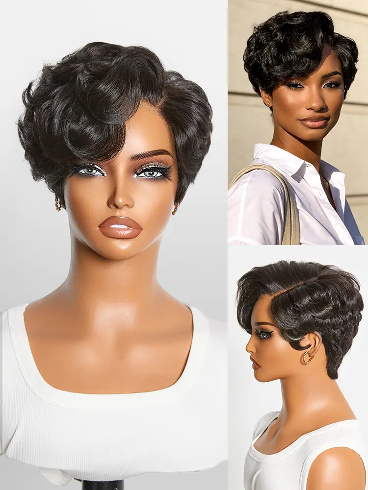 LUVME Short Wig Pixie Cut Natural Black Lightweight Roll Curl Glueless Pre-cut T-Part HD Lace Beginner Friendly LUVME Short Wig Pixie Cut Natural Black Lightweight Roll Curl Glueless Pre-cut T-Part HD Lace Beginner Friendly