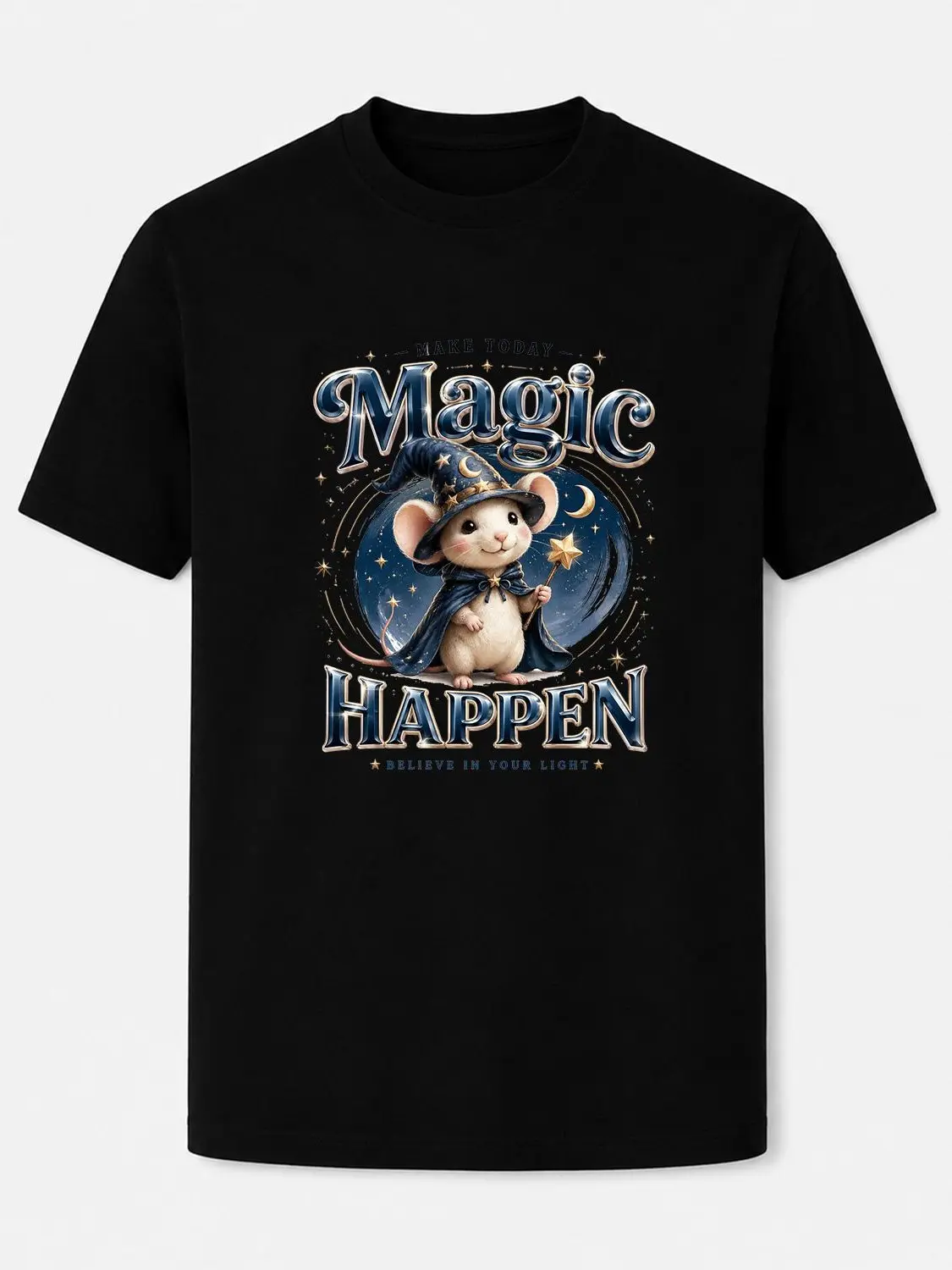 Magic Wizard Mouse Graphic Black T-Shirt, Magic Happen Star Moon Wand Fantasy Quote Crew Neck Tee, Soft Dark Tone Loose Unisex 100% Cotton Casual Short Sleeve Top