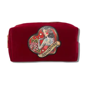 Reina Rebelde Ultra Suede Makeup Bag with Spill-Proof Design & Gold Metal Zipper 7x3.5x2.5 Inches Vegan Cruelty Free Carry-All Red with Chica Patch
