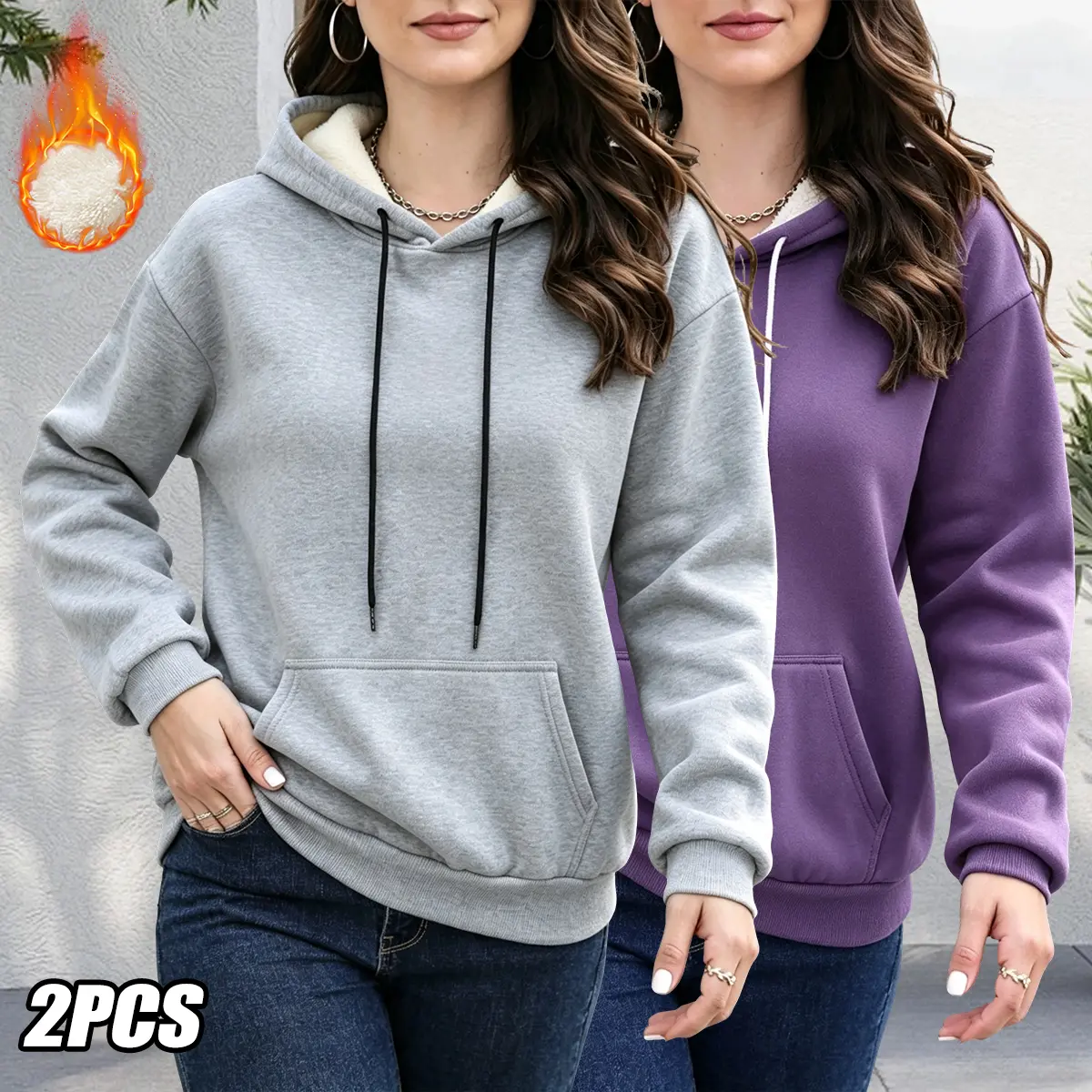 Women's Minimalist Longsleeve Loose Fit Hooded Fleece Sweatshirt - Casual Front Pocket Pullover, Machine Washable, Comfortable Autumn-Winter Street-Style Top for Sports & Everyday Wear