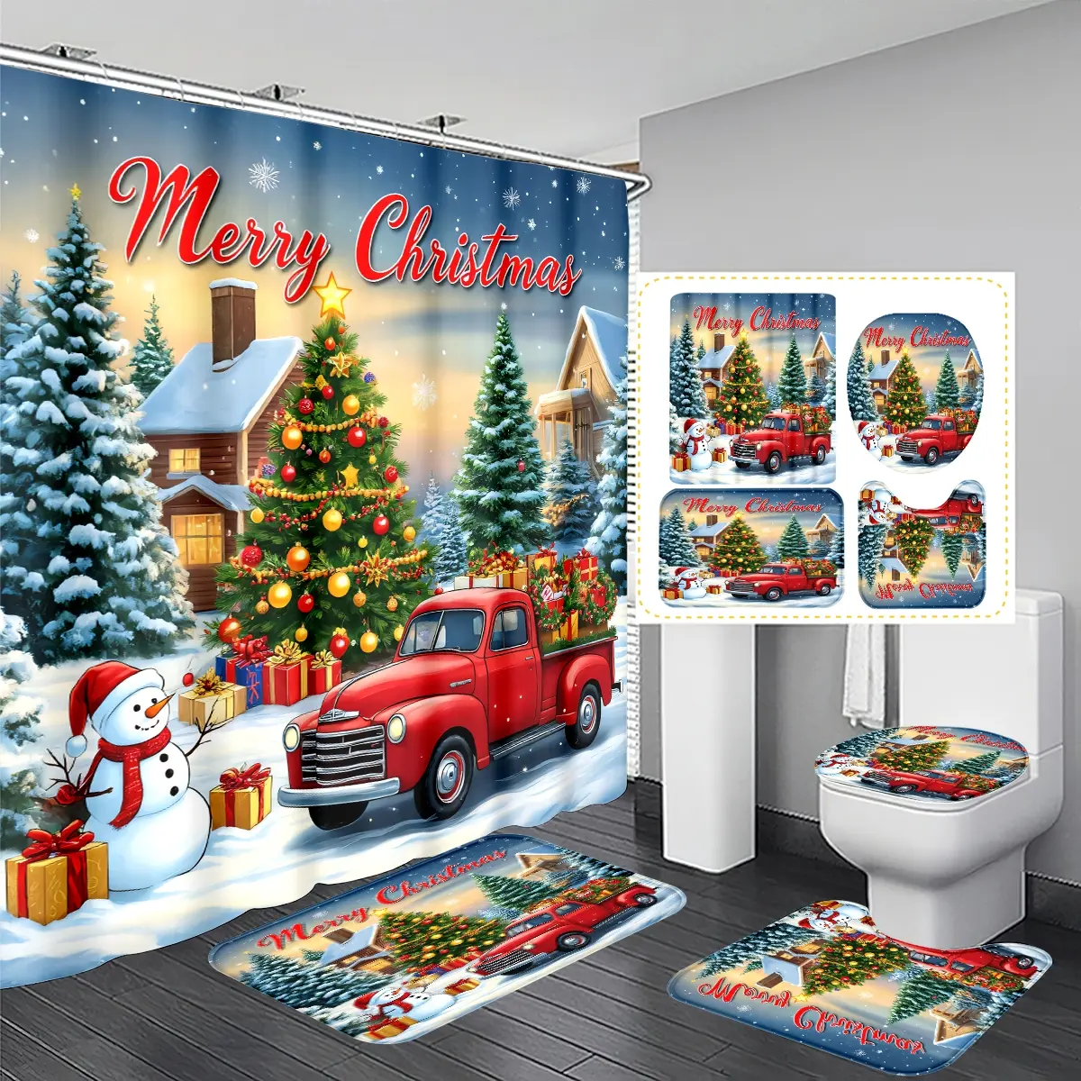 Multifunctional Christmas Bathroom Curtain Set, Includes Snowman & Tree Patterns, Free Hooks, U-Shaped Mat & Round Toilet Pad, Shower Curtain Set, Aesthetic Shower Curtain, Bathroom Shower Curtain Sets, Bathroom Curtains Shower