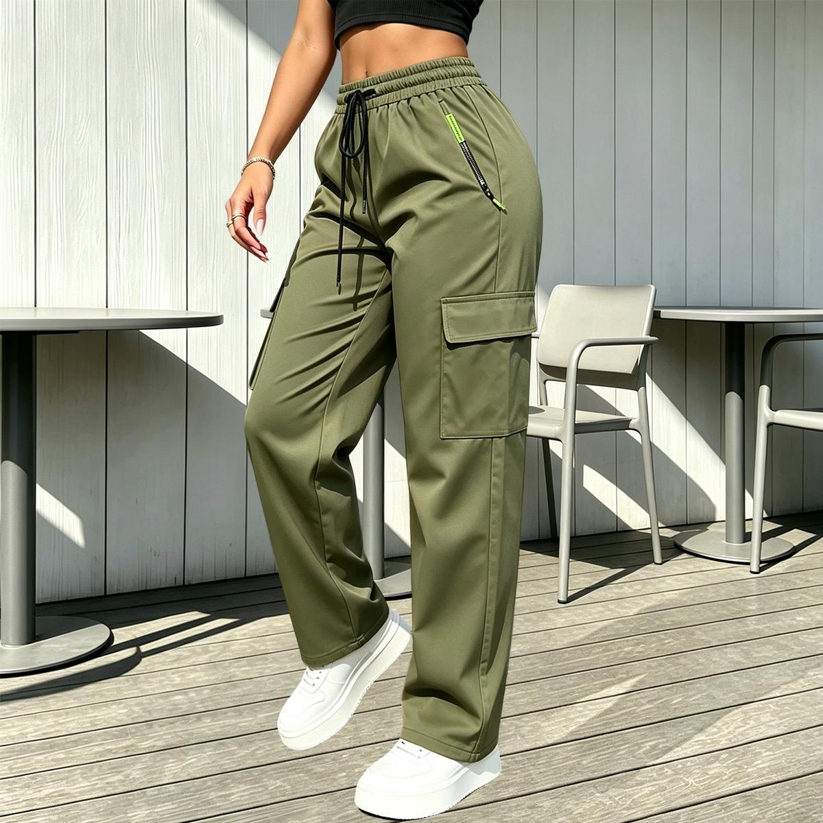 Women's Plus Size 2-Pack Summer Cargo Pants, Machine Washable, Fluid Drape, Zip Pockets, Elastic Waistband with Drawstring, for Outdoor Jogging & Gym Wear